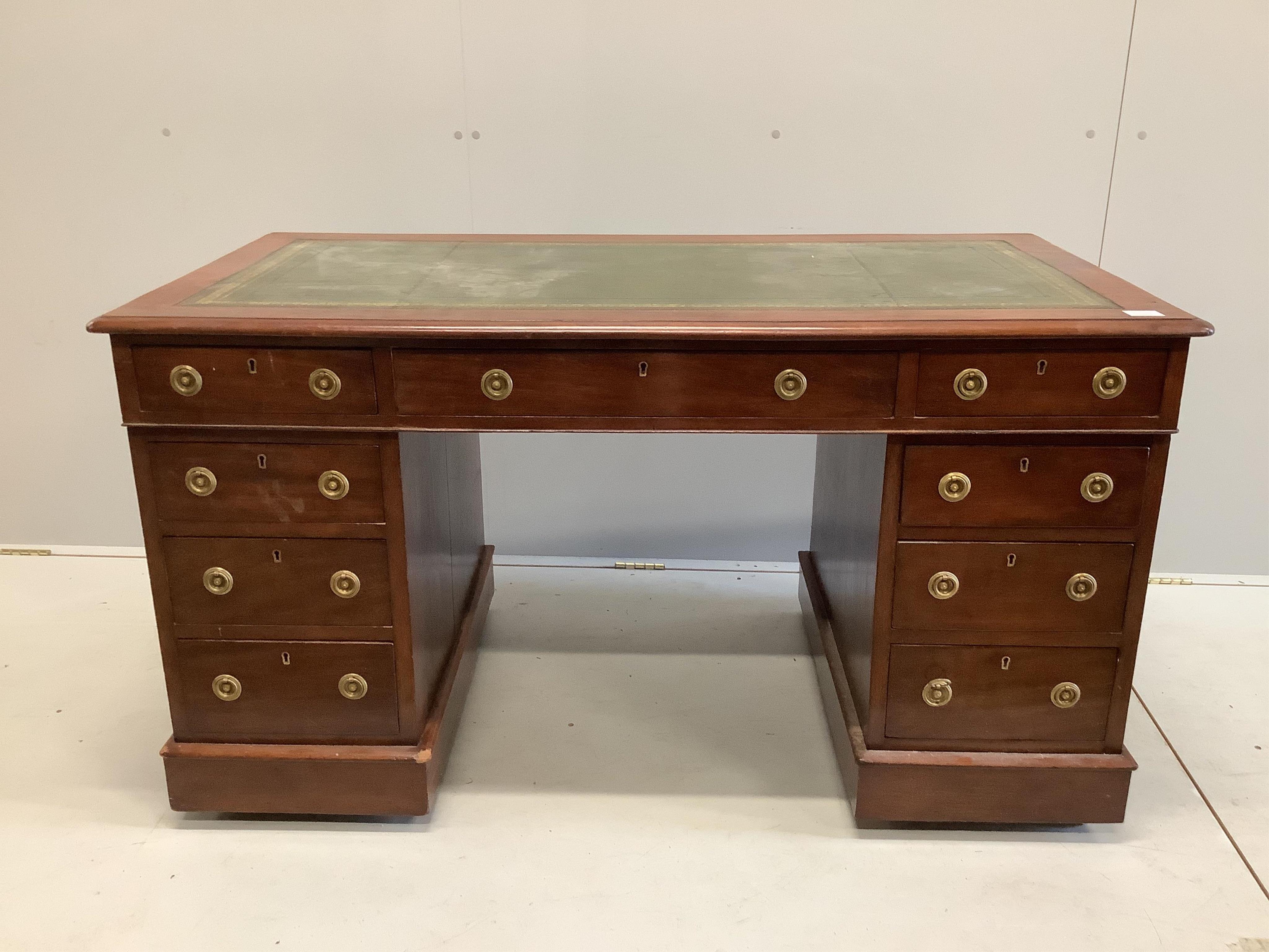 A Victorian mahogany pedestal desk, width 135cm, depth 70cm, height 75cm. Condition - good